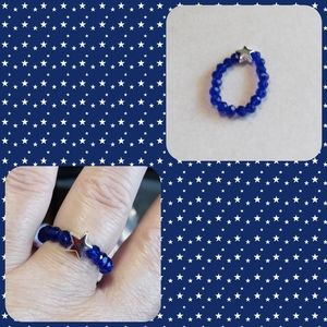 Stretchy Blue Beaded Silver Plated Star Ring